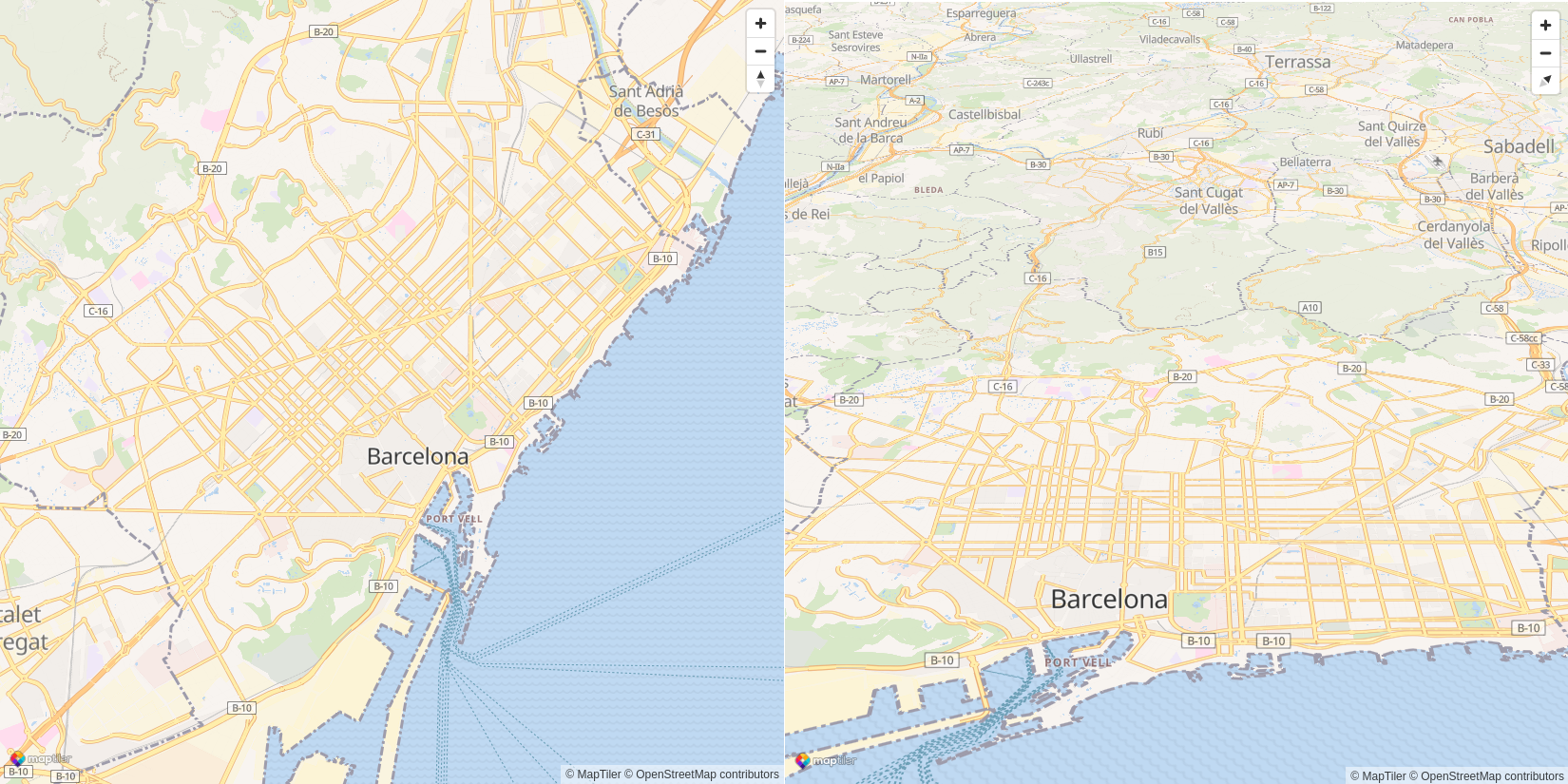 Examples of a map centered in Barcelona create by a link: left (without bearing and pitch), right (with bearing and pitch)